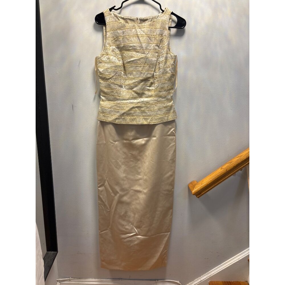 Gold & Beige Sleeveless Brocade Cocktail Dress With Metallic Stripes & Pencil Sk